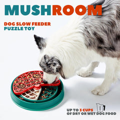 Barkwhiz mushroom puzzle toy shows 100+ treat compartments for mental engagement.