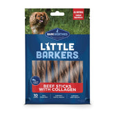 Barkworthies Little Barkers Beef Sticks with Collagen on shelf, convenient 10-pack for daily dog rewards.