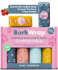 BARKWRAP BAG raspberry-scented bag roll with vibrant design for pleasant dog walks.