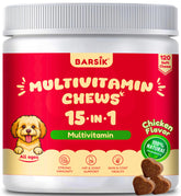 BARSIK dog multivitamin packaging shows all-in-one daily health support with chicken flavor.