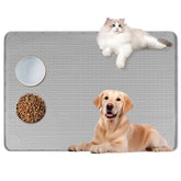 Bartuke cat food mat on floor with two bowls protects floors and reduces spills.