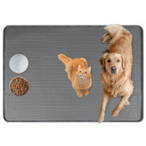 Bartuke cat food mat 40x28 laid out with multiple bowls to prevent spills.