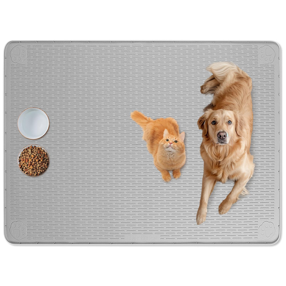 Bartuke cat food mat grey full view showing generous size for multiple bowls.