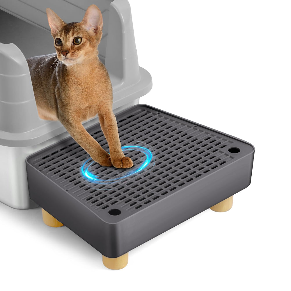 Bartuke extra large cat litter box step ramp side view with wooden feet for stability and reduced tracking