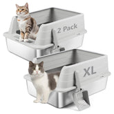 Bartuke XL stainless steel litter box front view with high sides for containment and odor control.