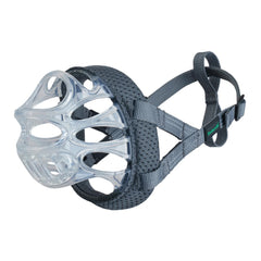 Baskerville INVISA basket muzzle shows the dog's face for easier social cue reading during walks
