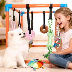 BASTIPETA Puppy Play Gym toys close-up highlights plush ropes and squeaky toys for engagement.
