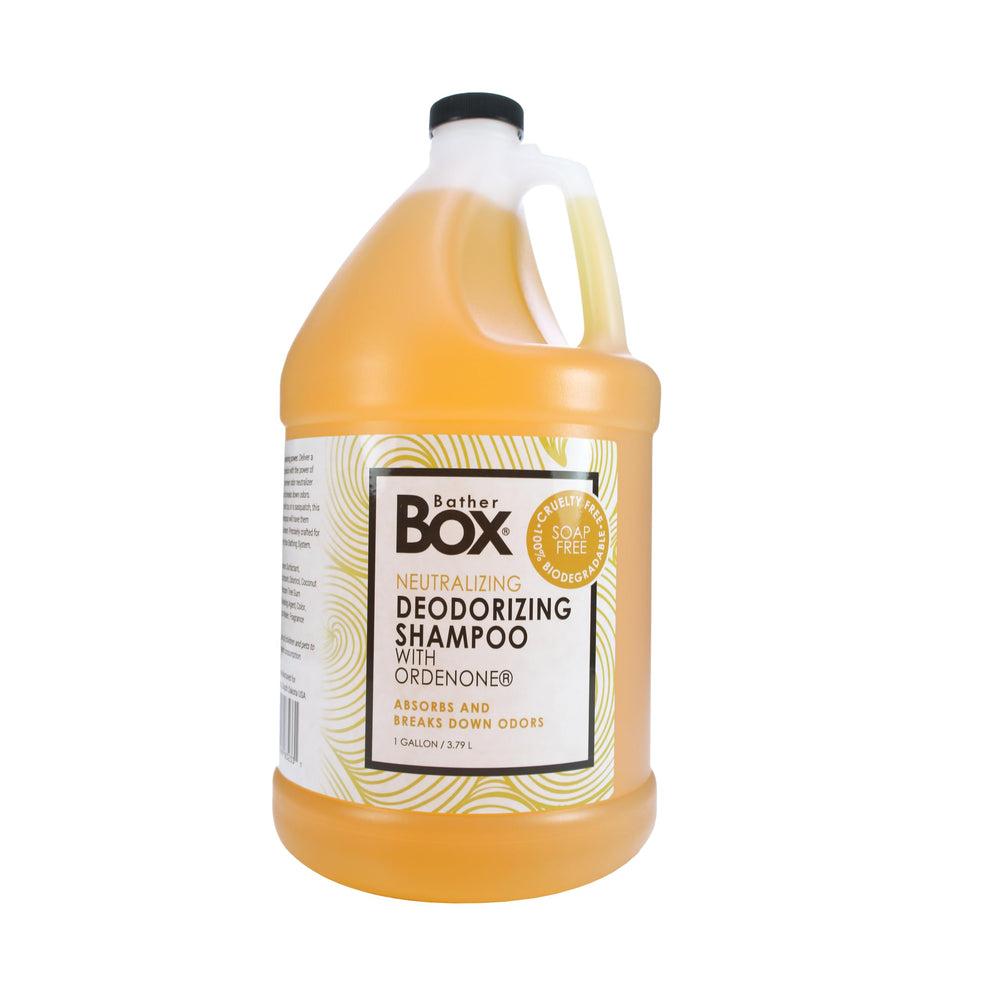 BatherBox deodorizing shampoo bottle pour shows odor-neutralizing action for pets' fresh coats.