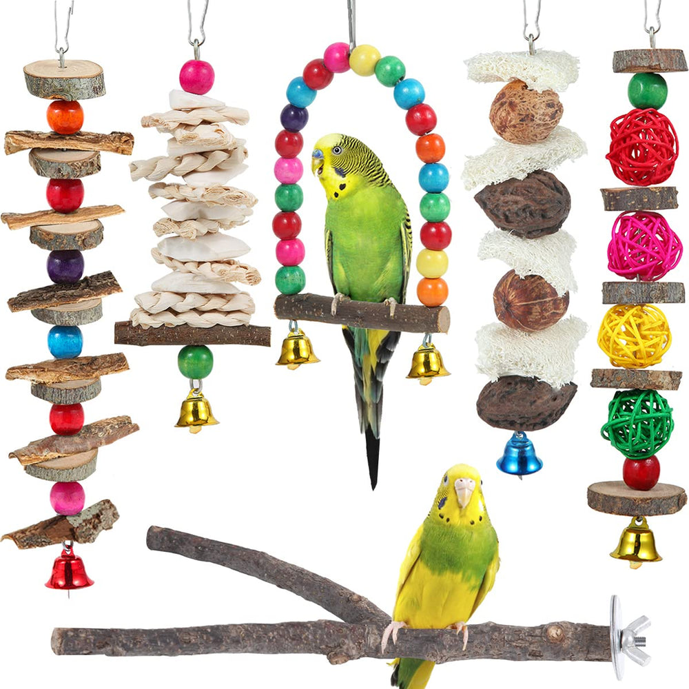 BBjinronjy Bird Perch Toy in natural wood provides chewing enrichment during cage time.
