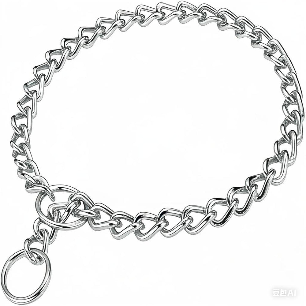 Bbmmayy choke chain closeup shows durable metal links for reliable training control.