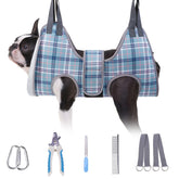 BEAUTYZOO dog grooming hammock for nail trim in blue, stabilizing small dogs for safer grooming.