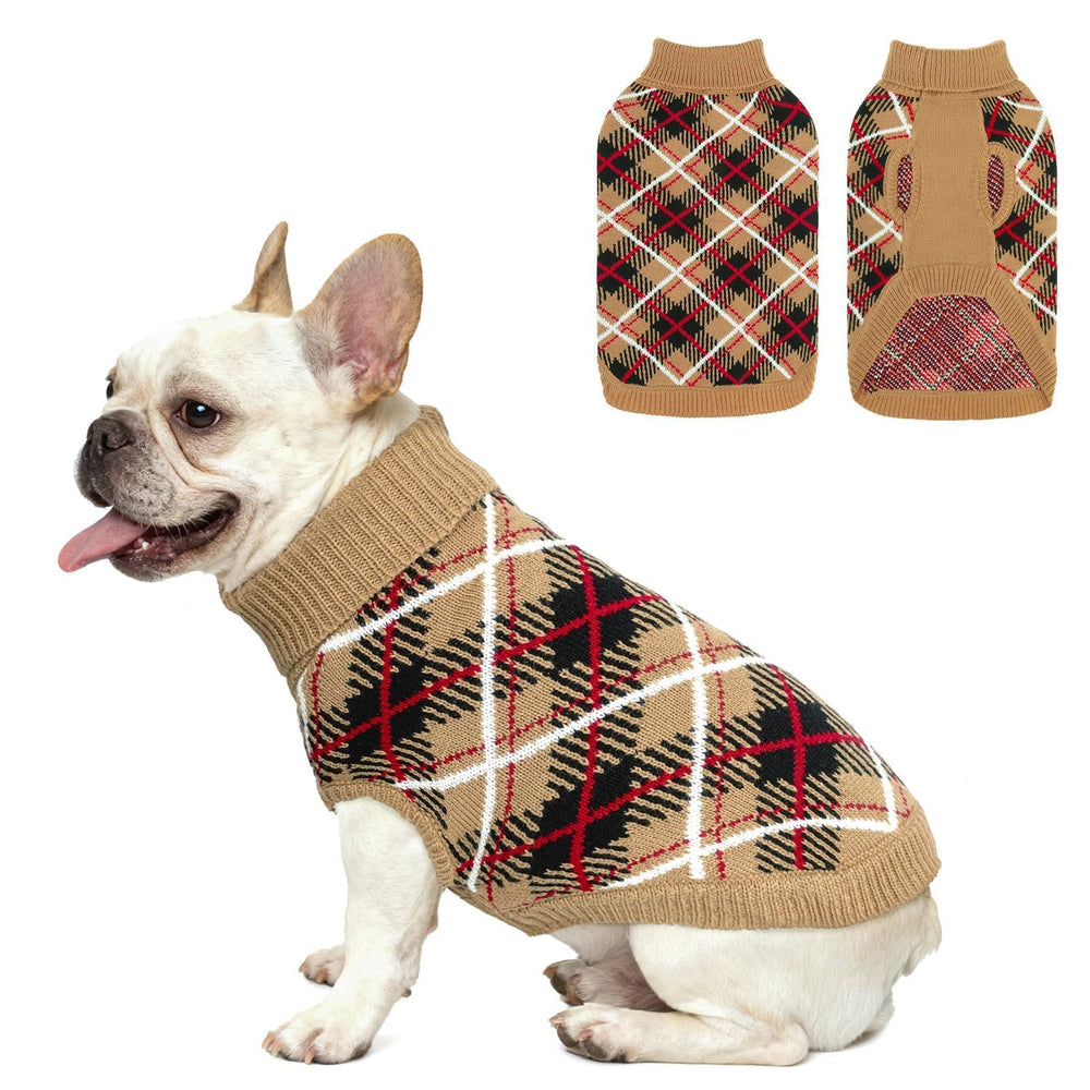BEAUTYZOO dog sweater small plaid knit front view for cozy winter walks.