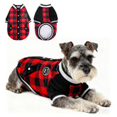 BEAUTYZOO fleece dog sweater hoodie red plaid on small dog for cozy winter outings.