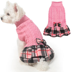 BEAUTYZOO Girl Dog Sweater Dress pink front view offers cozy warmth for small dogs