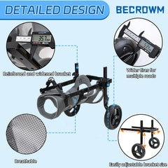 BECROWM dog wheelchair front view showing secure fit and clear movement space