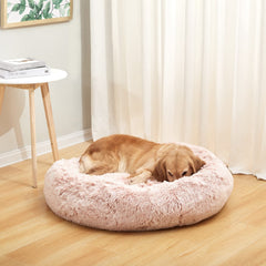 Bedfolks Calming Donut Dog Bed pink donut shape side view supports curling comfort