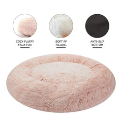 Bedfolks Calming Donut Dog Bed pink raised rim provides neck support and security