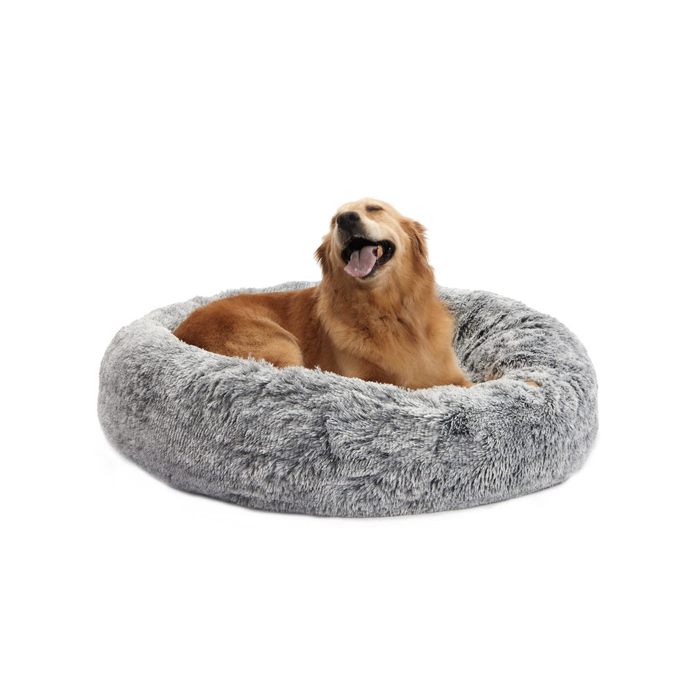 Bedfolks calming donut dog bed close-up showing plush fabric for cozy sleep and security