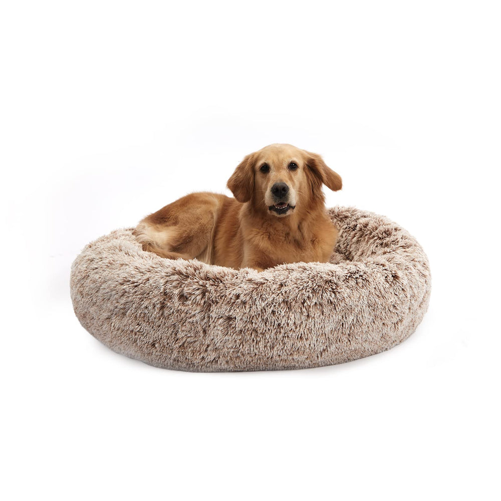 Bedfolks Calming Donut Dog Bed front view with plush fur for cozy naps.
