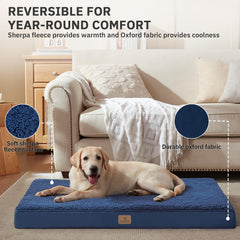 Bedfolks extra-large navy dog bed with Sherpa cover for plush comfort.