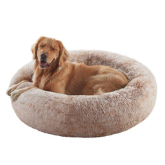 BedStill donut bed 36in brown front view promotes calm, secure resting for large dogs