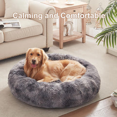 BedStill donut dog bed plush fur close-up highlighting softness and joint support.