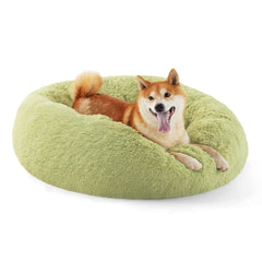 Bedsure calming donut dog bed green round front view highlights plush fur for curl-up comfort
