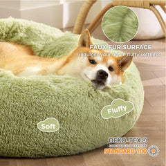 Bedsure calming donut dog bed green side view emphasizes raised rim for head support
