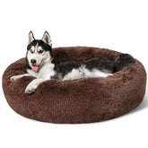 Bedsure calming dog bed round-donut outer view in coffee for curl-up comfort.