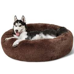 Bedsure calming dog bed round-donut outer view in coffee for curl-up comfort.