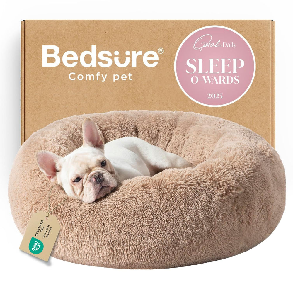 Bedsure Calming Donut Dog Bed camel front view highlights plush faux fur for cozy curl-up comfort.