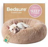 Bedsure Calming Donut Dog Bed camel front view highlights plush faux fur for cozy curl-up comfort.