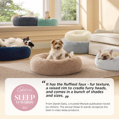 Bedsure Calming Donut Dog Bed camel top view emphasizes round shape for secure sleeping spaces.