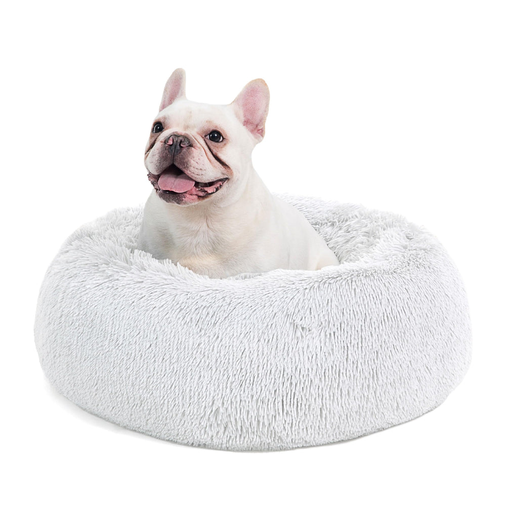 Bedsure calming donut dog bed top view emphasizes cozy round shape for curl-up sleep.