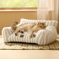 Bedsure Cute Cat Couch cream front view highlights soft corduroy fleece for cozy naps.