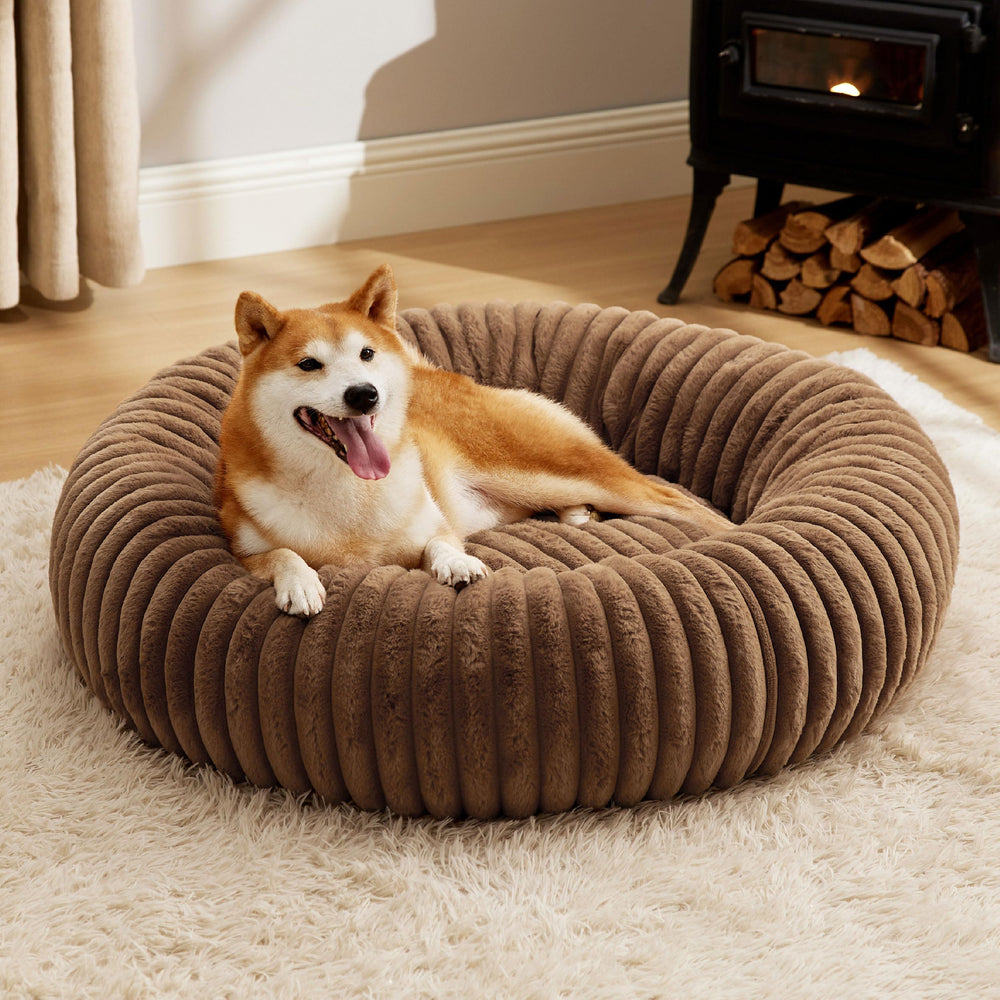 Bedsure Donut Large Dog Bed top view highlights plush faux fur for cozy lounging