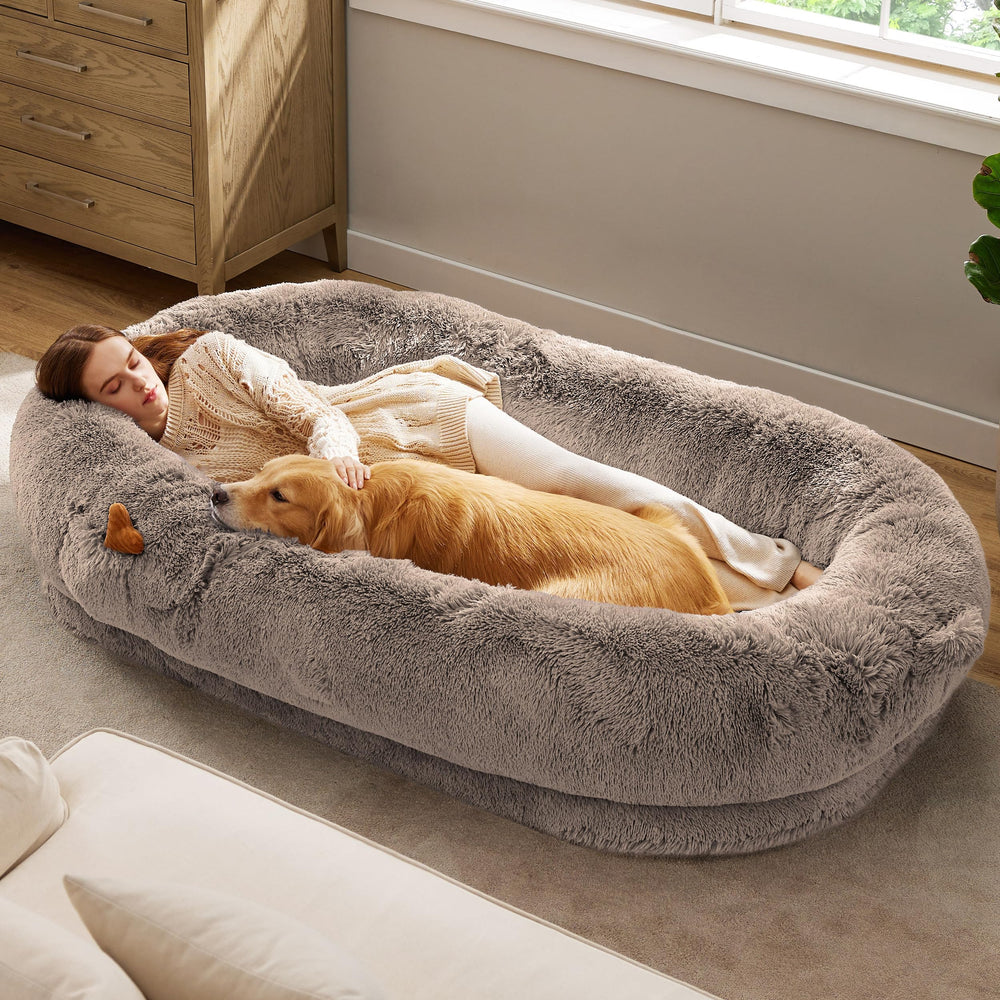 Bedsure human dog bed camel front-view highlights roomy lounging area for adults