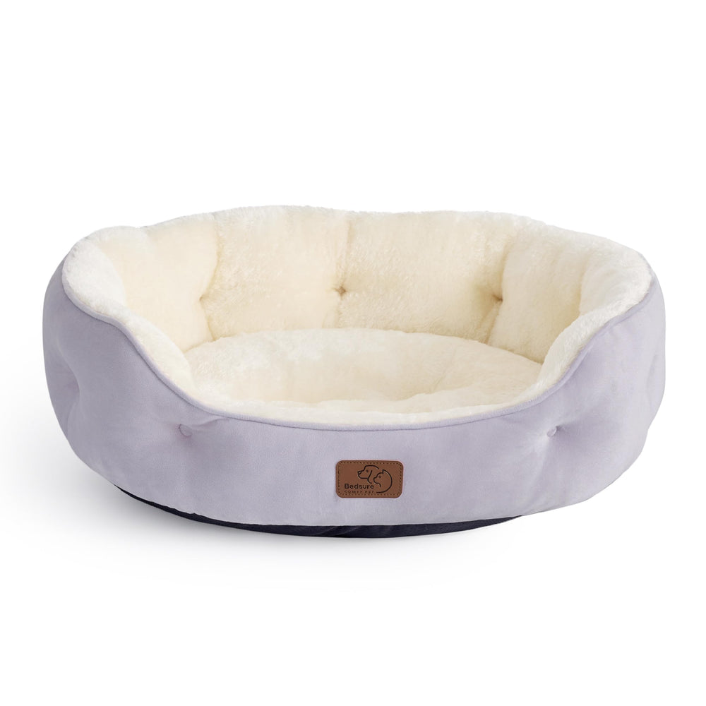 Bedsure Misty Lilac round dog bed top view with plush sherpa surface for cozy naps