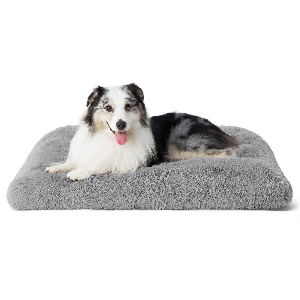 Bedsure washable xl dog bed crate gray closeup showing plush faux fur.