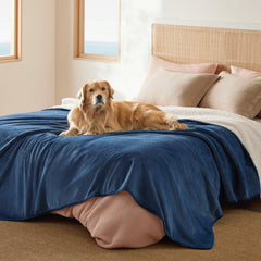 Bedsure waterproof blanket on bed with sherpa side, cozy warmth and protection.