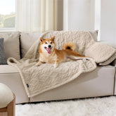 Bedsure waterproof dog blanket on couch protector guards furniture against spills.