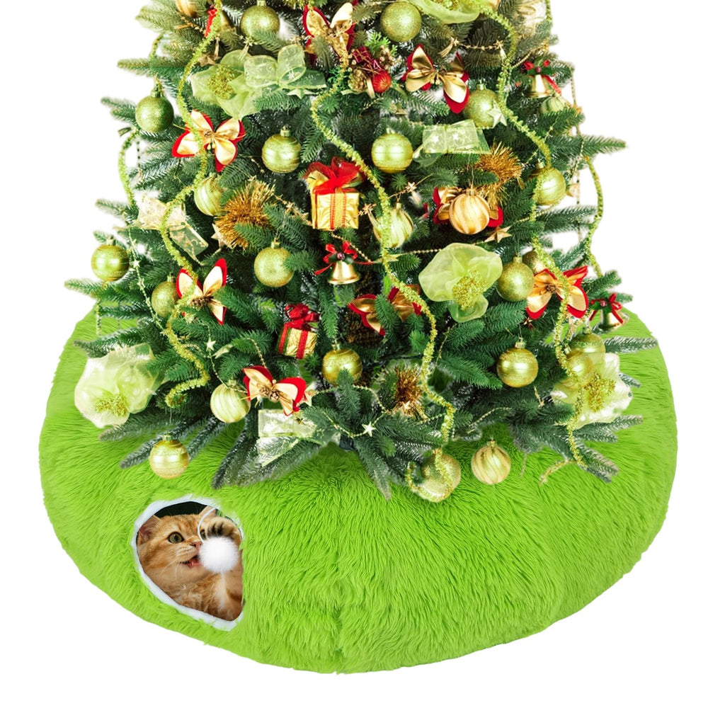 Beeplove green fluffy cat tunnel tree-skirt protects the tree while inviting play