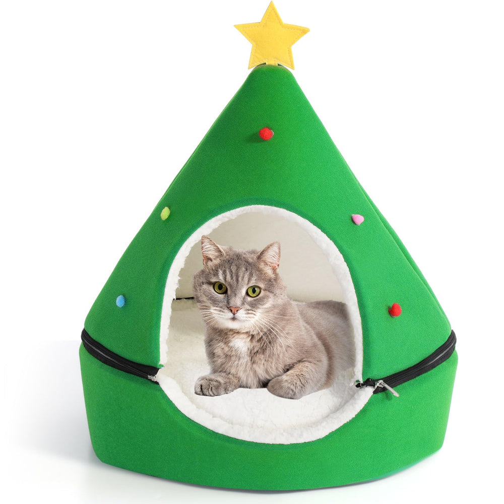 Beeveer Green Christmas Tree Cat House folded for easy storage and quick setup