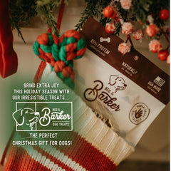 Beg & Barker pork jerky raw strips on mat emphasize single-ingredient, grain-free dog treats.