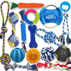 Beiker dog teething toys 15-pack pack shot shows varied chews for teething relief
