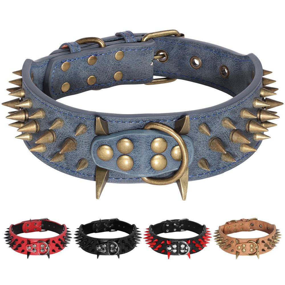 Beirui heavy-duty spiked dog collar in blue, front view for confident daily walks.