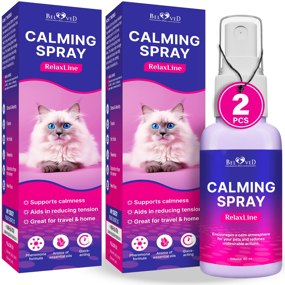 Beloved Pets calming-pheromone-spray-bottle-front view for a calmer home environment.