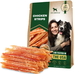 Beloved Pets packaging image featuring chicken jerky strips, USA-made, ideal for training rewards.