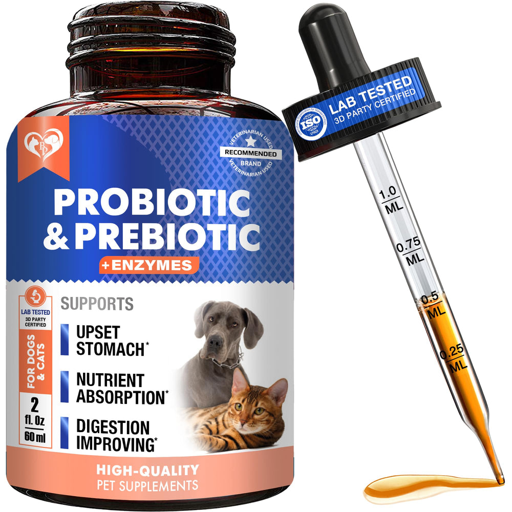 Beloved Pets probiotics enzymes liquid bottle pour supports easy gut care for dogs and cats.