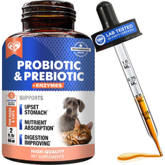 Beloved Pets probiotics enzymes liquid bottle pour supports easy gut care for dogs and cats.